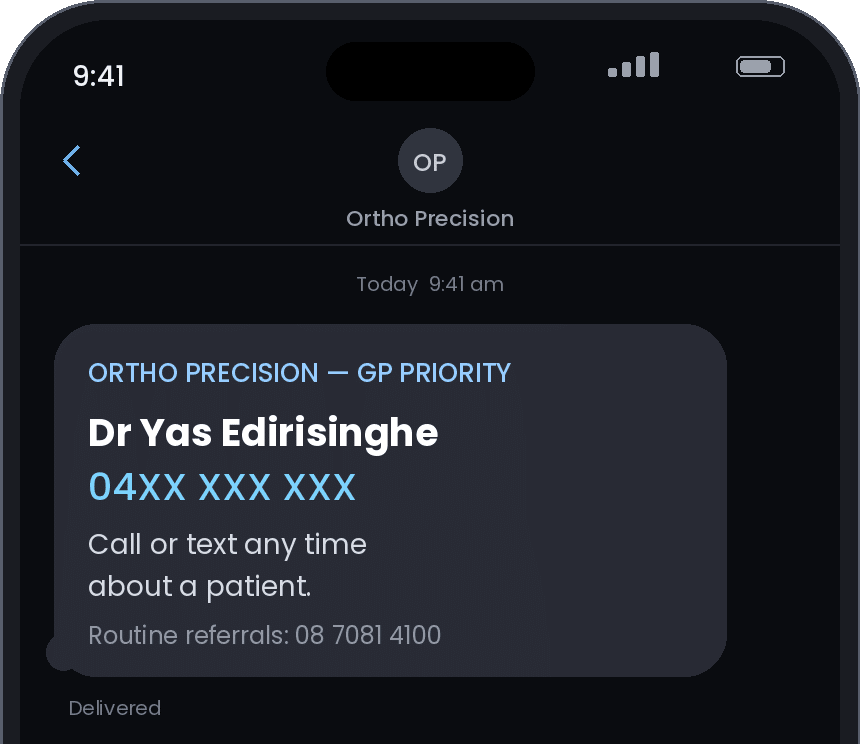 Example SMS: Dr Yas Edirisinghe direct — 04XX XXX XXX. Call or text any time about a patient.