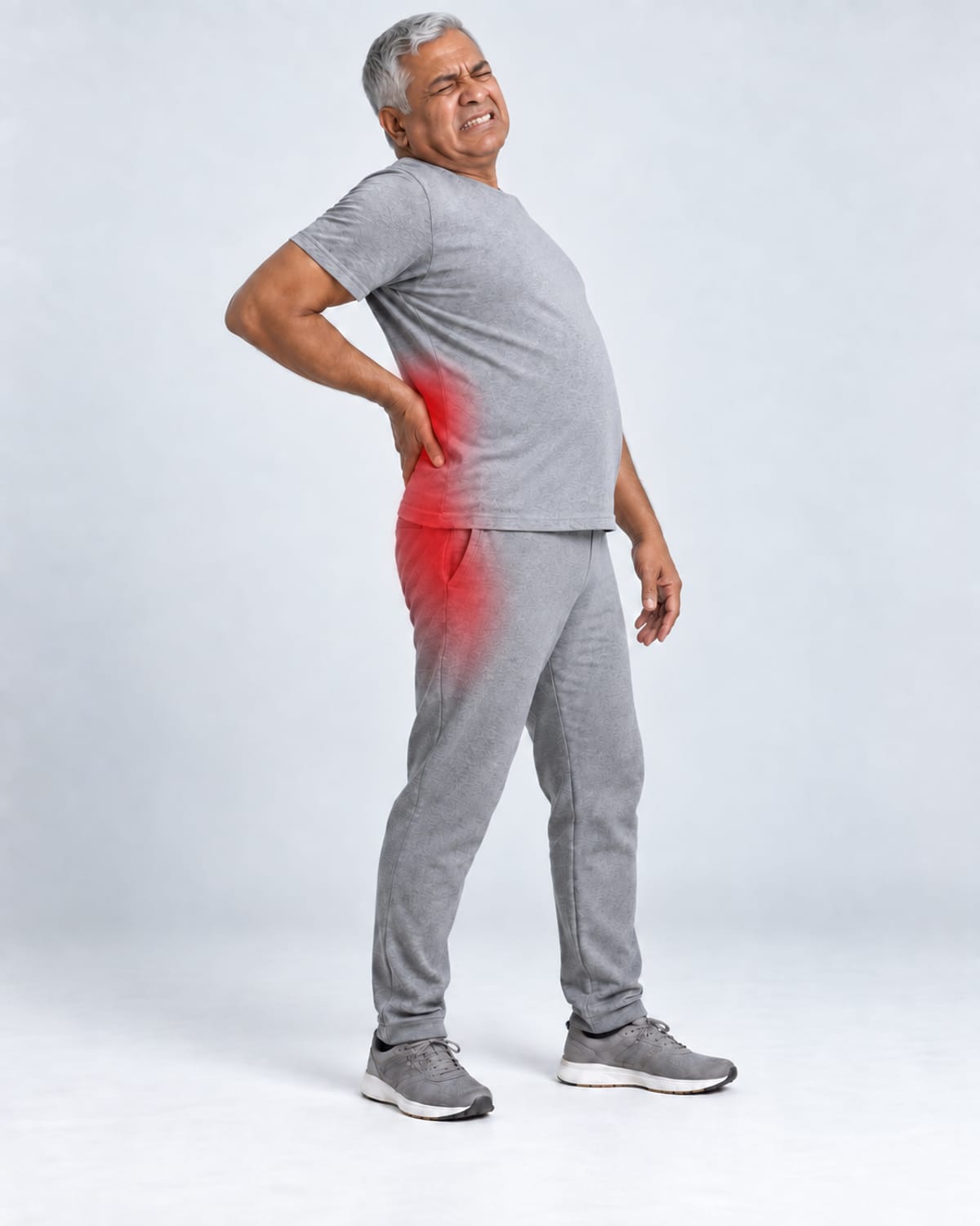 Person pressing a hand into the lower back and the side of the hip