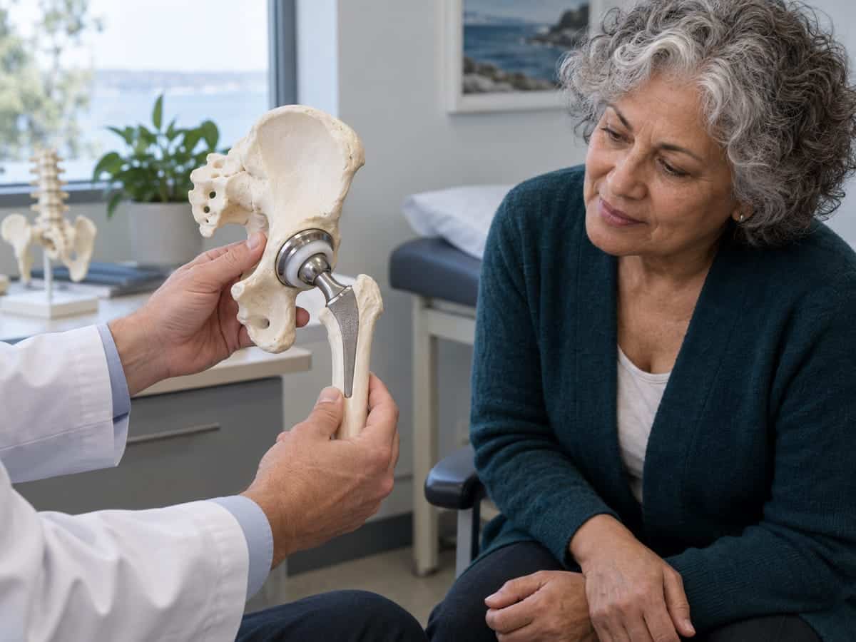 Dr Yas Edirisinghe explaining a hip model to a patient