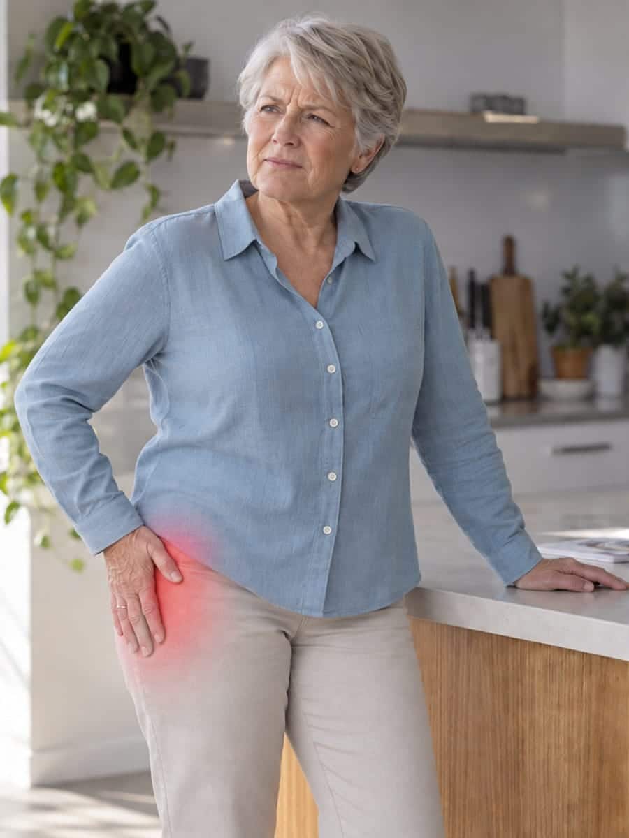 Person standing at a kitchen bench, one hand resting on the side of a hip that has been replaced