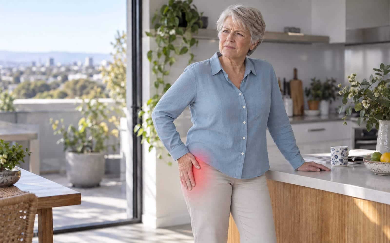 Person standing at a kitchen bench, one hand resting on the side of a hip that has been replaced