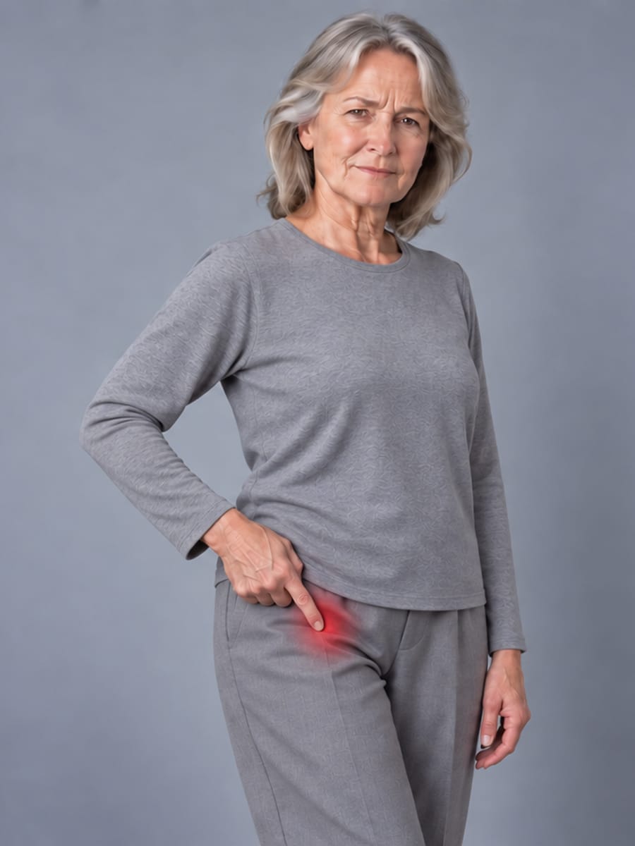 Hand cupped around the front and side of the hip — the C sign