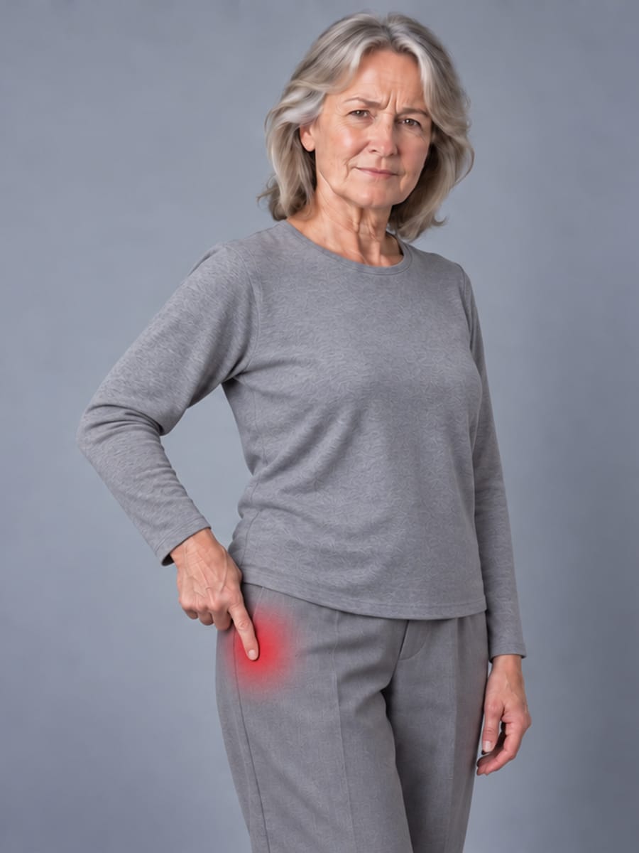A single fingertip pressed on the bony point on the outside of the hip