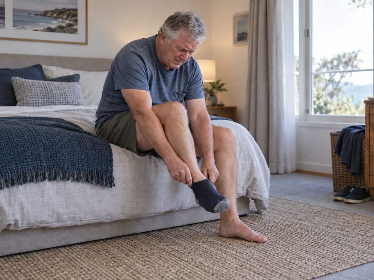 Person struggling to reach a foot to put on a sock