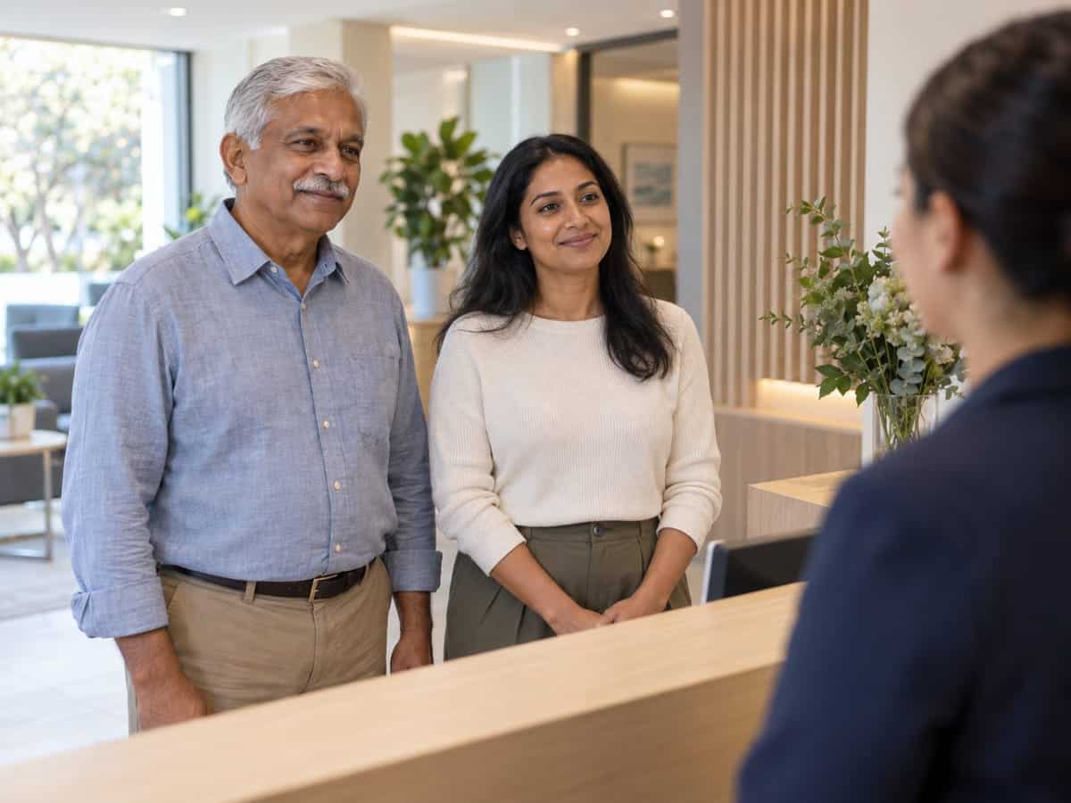 Patient arriving at the rooms empty-handed and being welcomed at reception