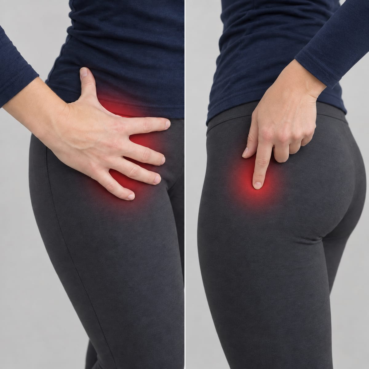 Two photographs side by side: a hand cupped around the front and side of the hip for joint pain, and one fingertip on the bony point on the outside of the hip for tendon pain