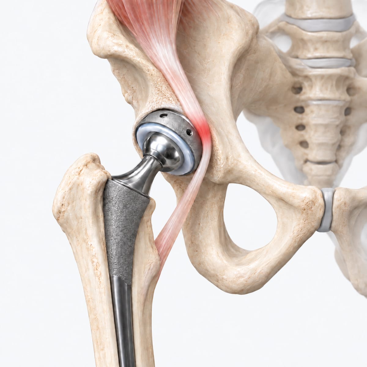Three-dimensional illustration of a hip replacement from the front: the psoas tendon passing over the front rim of the cup, highlighted red where it rubs