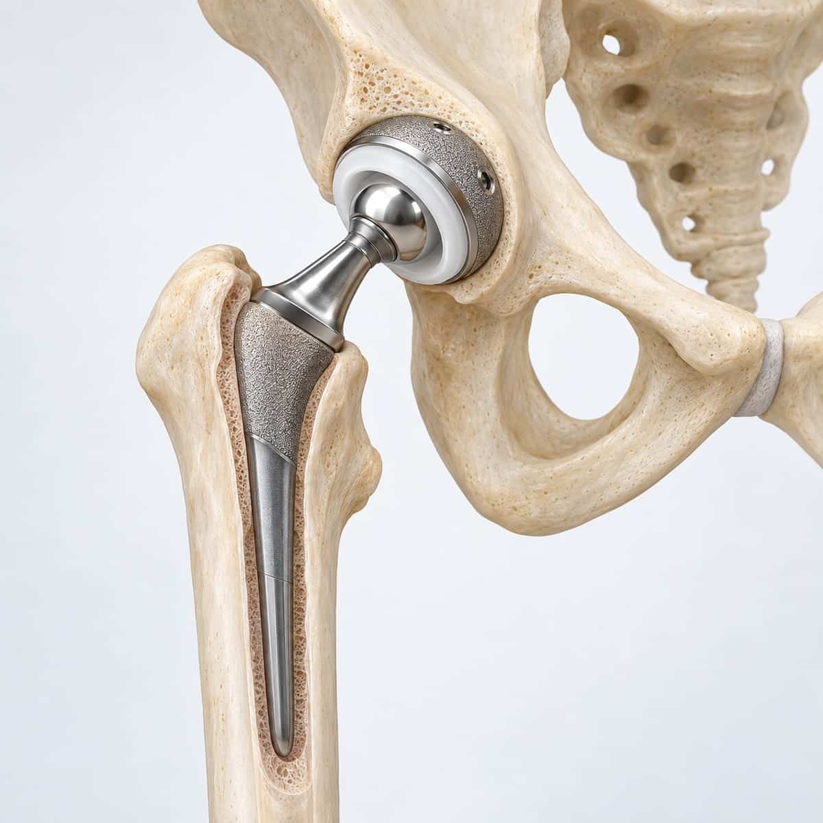 Three-dimensional render of a hip replacement implant: stem, ball, liner and cup