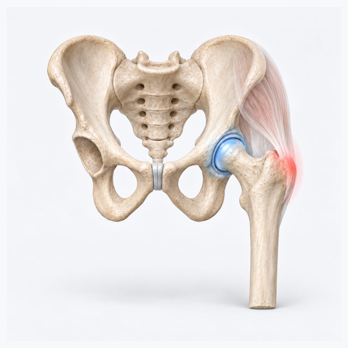 Three-dimensional illustration of the pelvis and hip from the front: the hip joint deep in the groin shown in blue and the tendons on the outer bony point highlighted red, a hand’s width apart
