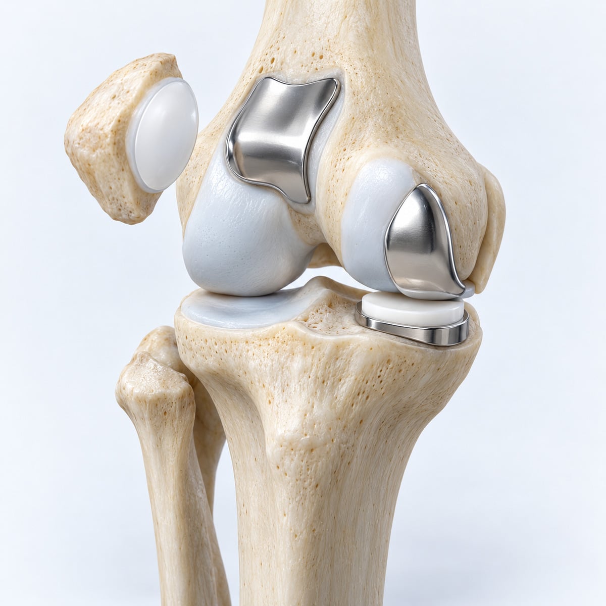 Conceptual knee model combining a medial partial implant with patellofemoral resurfacing, leaving the lateral compartment intact.