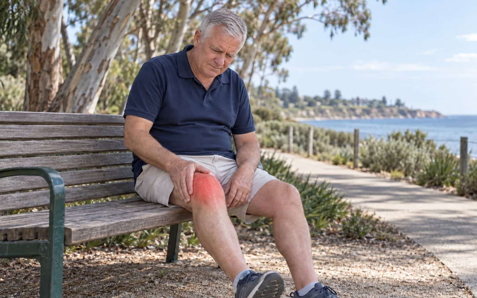 Person seated on a bench with a hand resting on a painful knee.