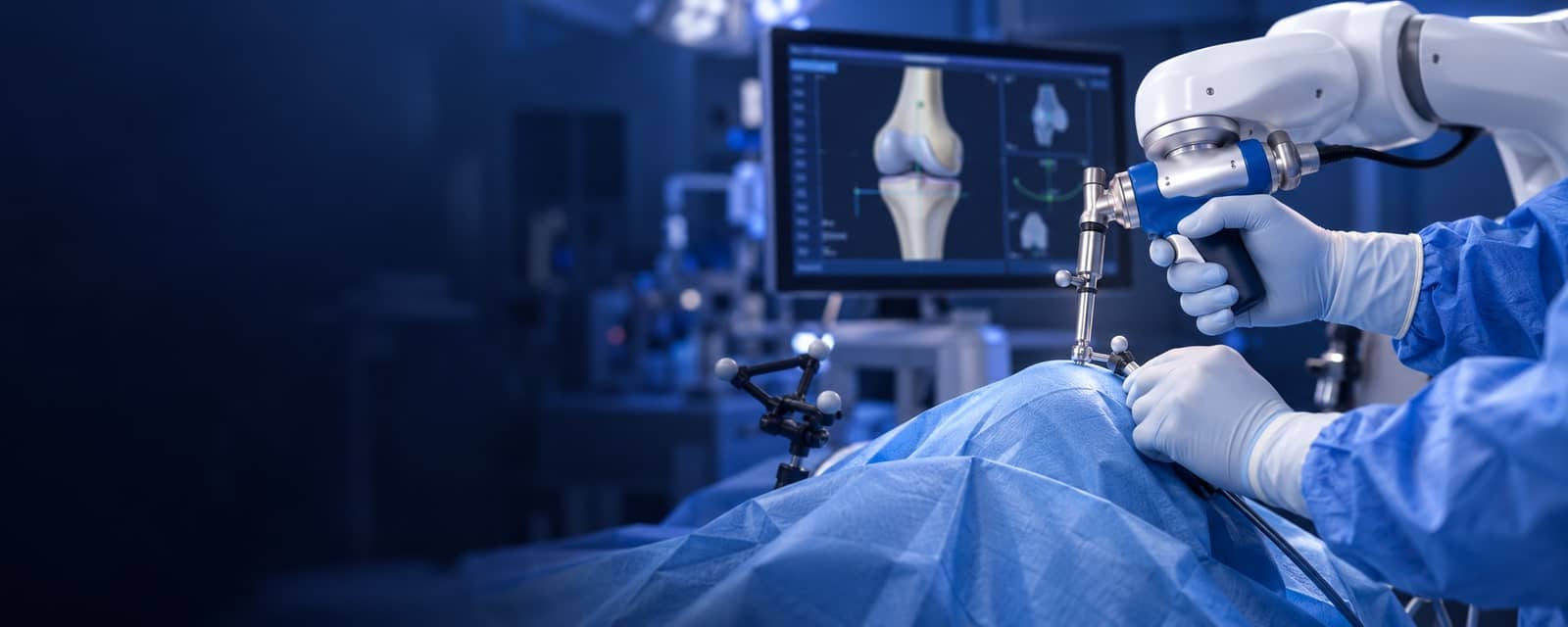 Conceptual illustration of gloved surgical hands controlling a robotic instrument beside a draped knee.