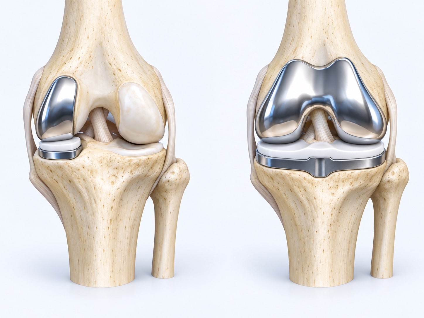 Matched knee models: a medial partial replacement on the left and a total replacement on the right.