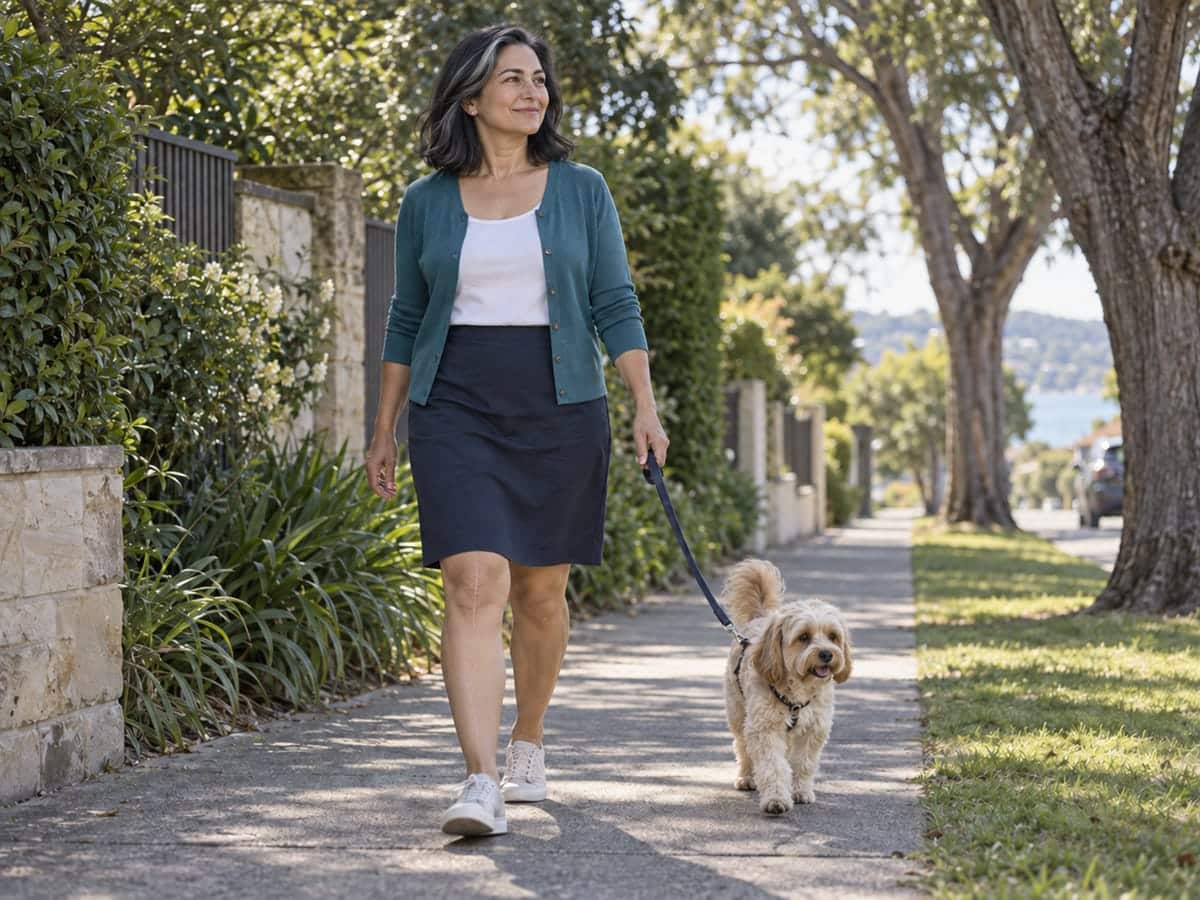 A person walking a dog outdoors.