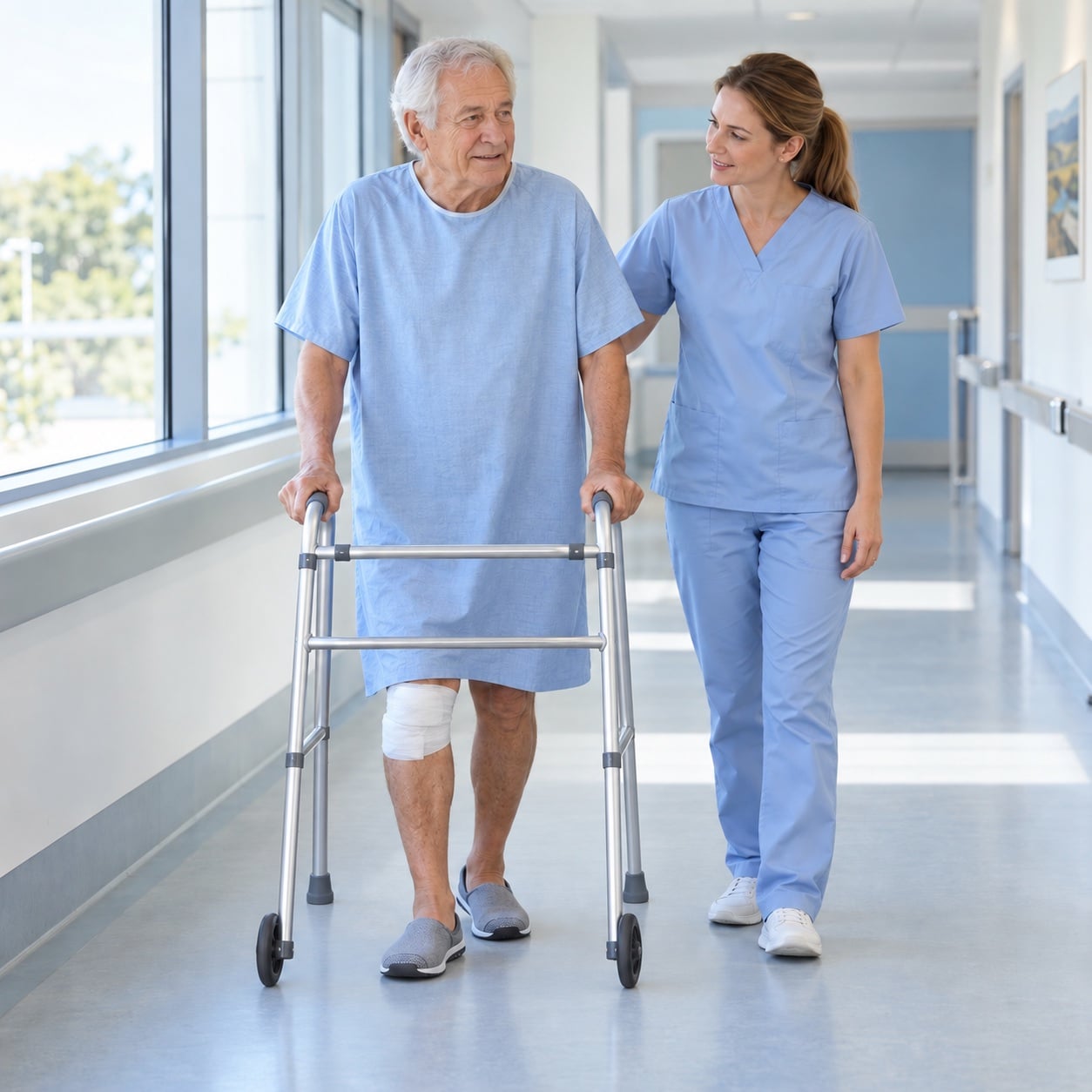 Illustrative hospital scene of a patient walking with a frame and physiotherapist.