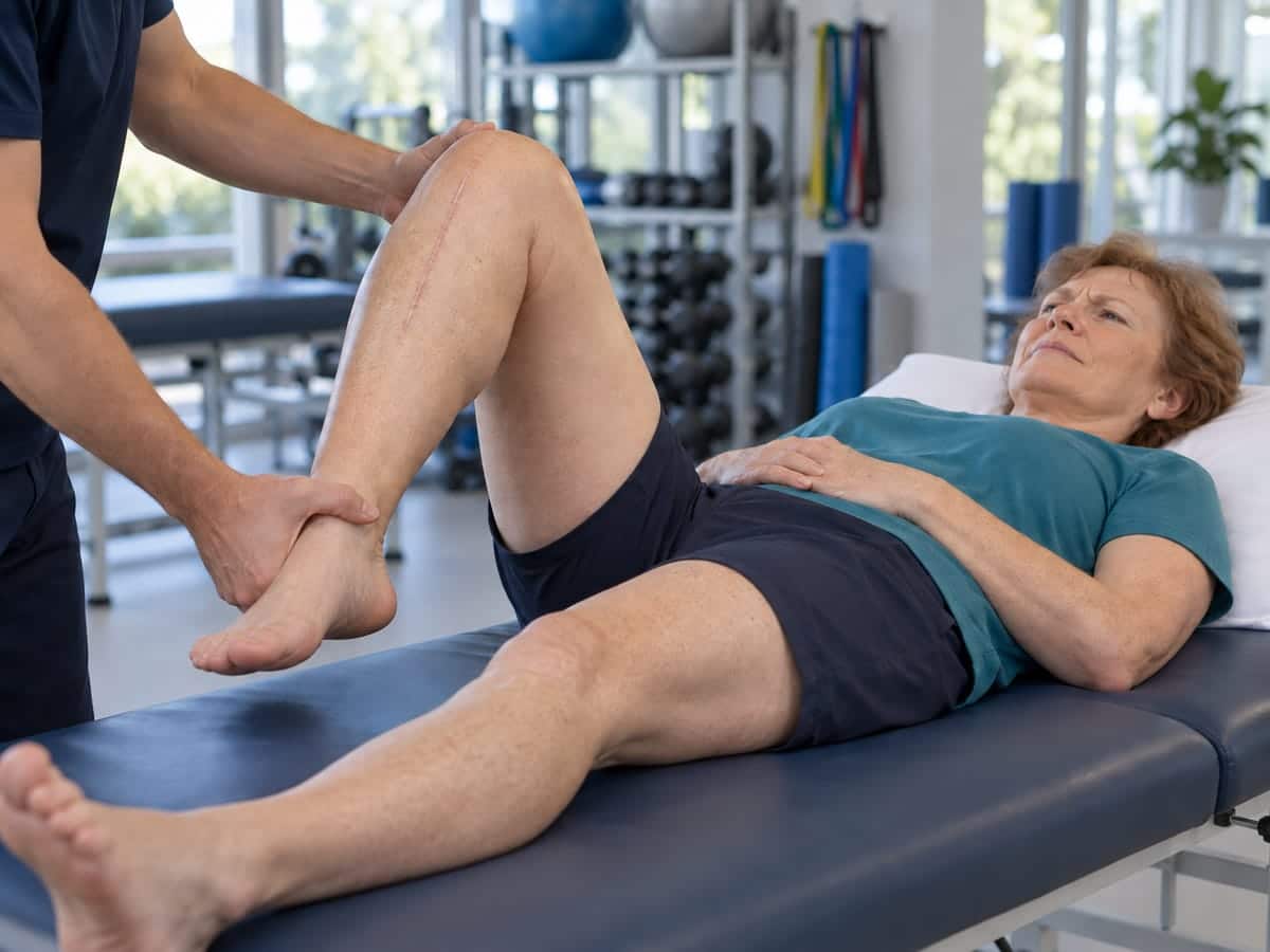 A physiotherapist helps a patient practise bending the knee.