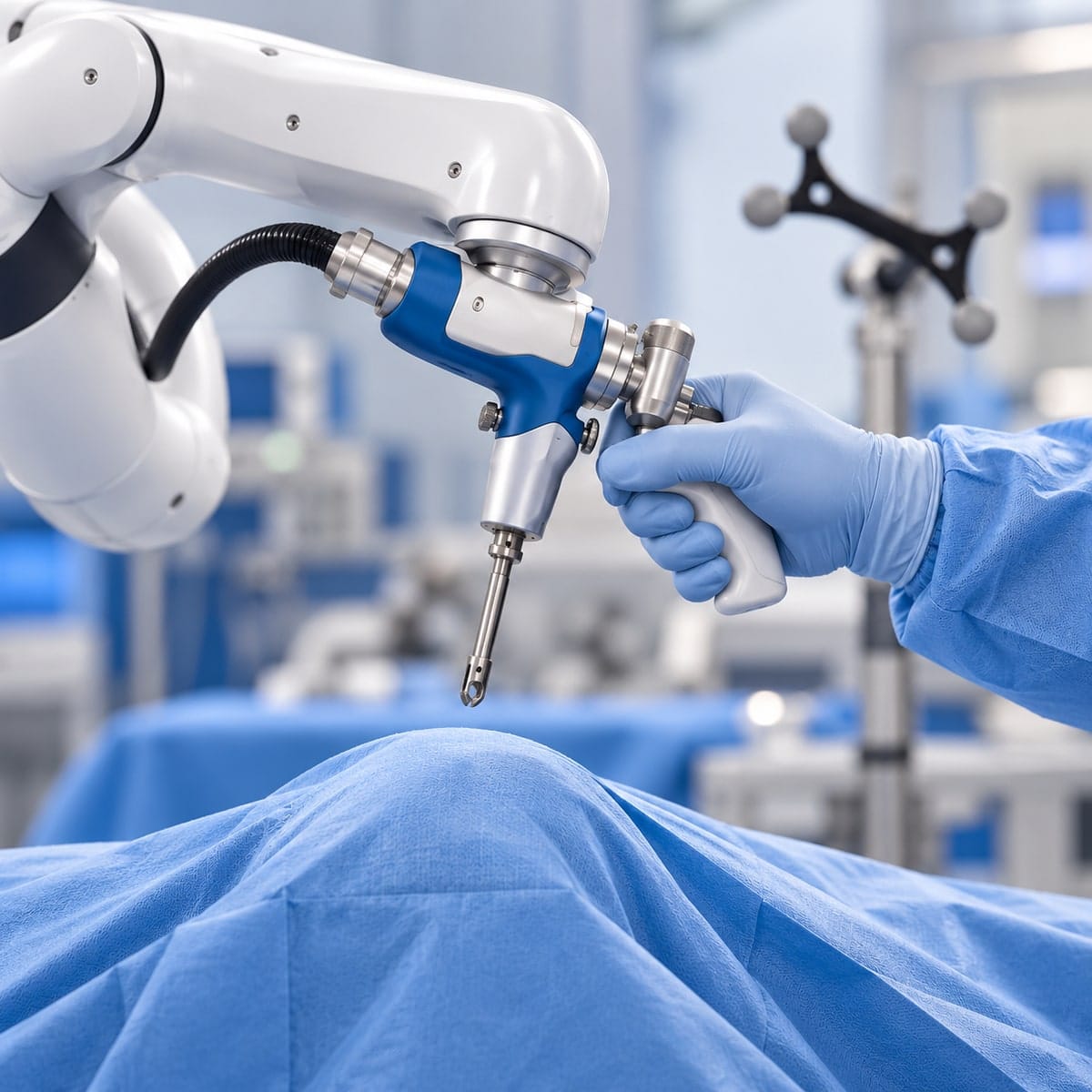 Conceptual close-up of gloved hands controlling a robotic surgical instrument.