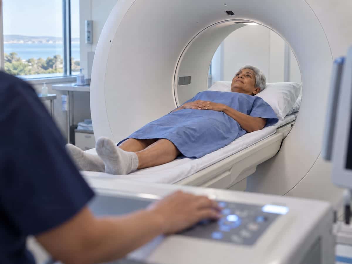 A patient positioned in a CT scanner.