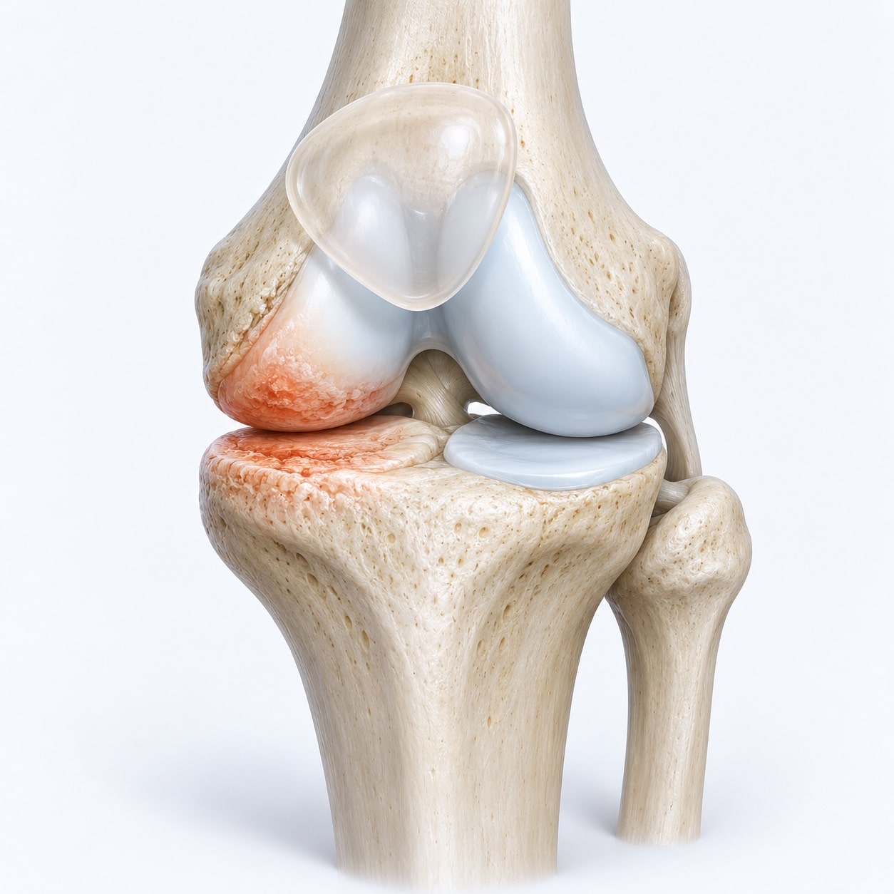 Educational model of a knee with wear highlighted in one tibiofemoral compartment.