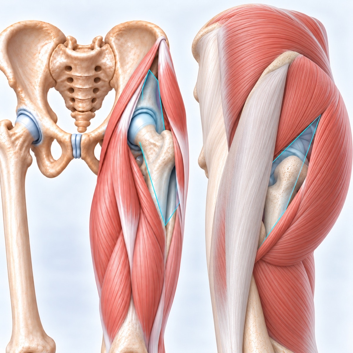 Two hip models side by side: a front view showing the anterior muscle interval and a side view showing a gluteus maximus split for the posterior approach, each marked by a translucent blue plane.