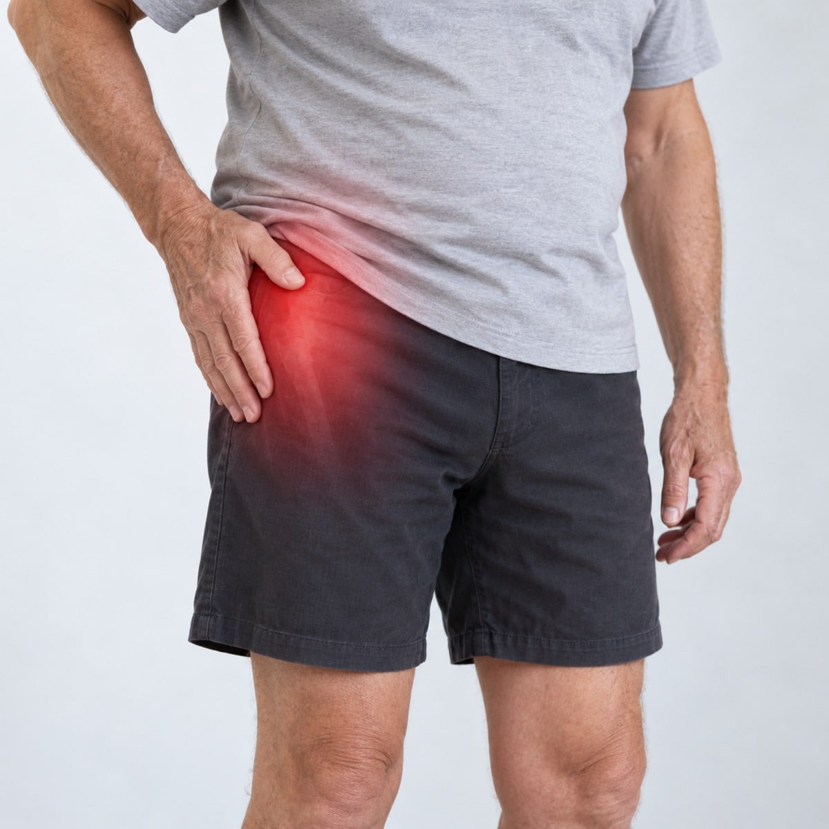 Close-up of a person’s hip with a faint healed scar and a red highlight over the groin.