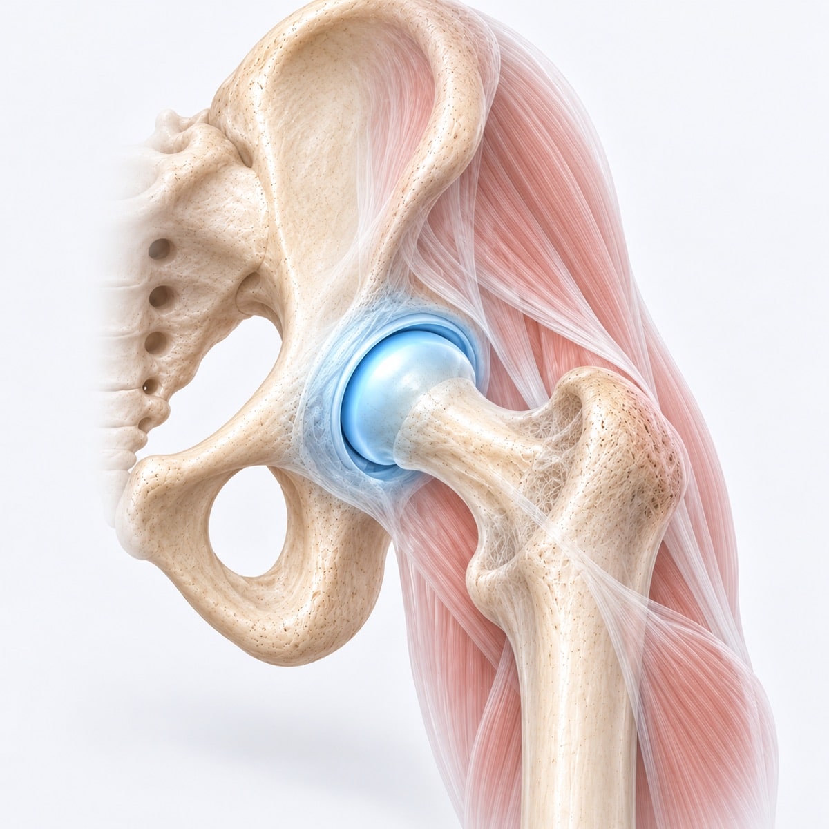 Close-up of a hip ball-and-socket joint highlighted cyan through translucent surrounding tissue.