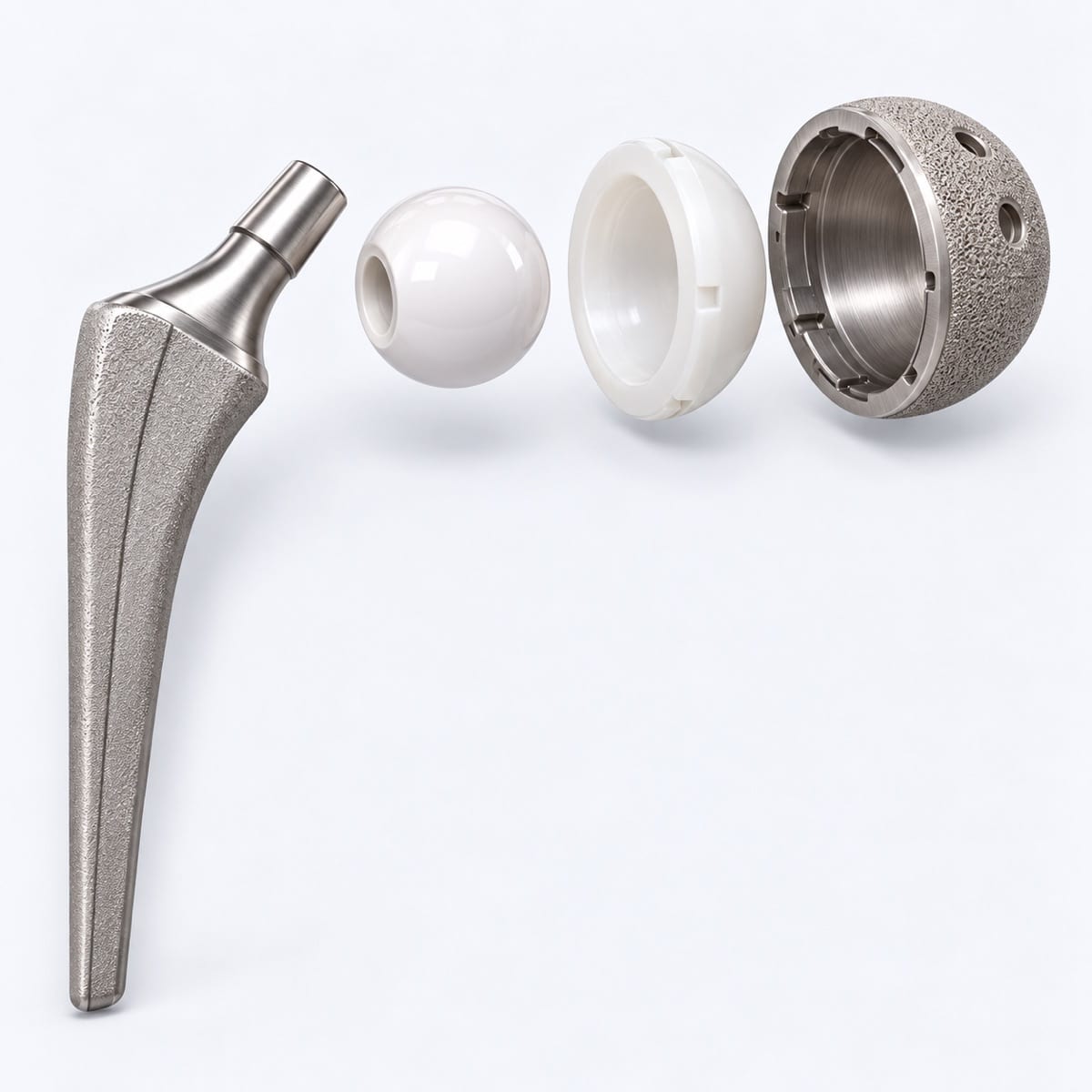 The four parts of a hip replacement: titanium stem, white ceramic ball, pale liner and titanium cup.