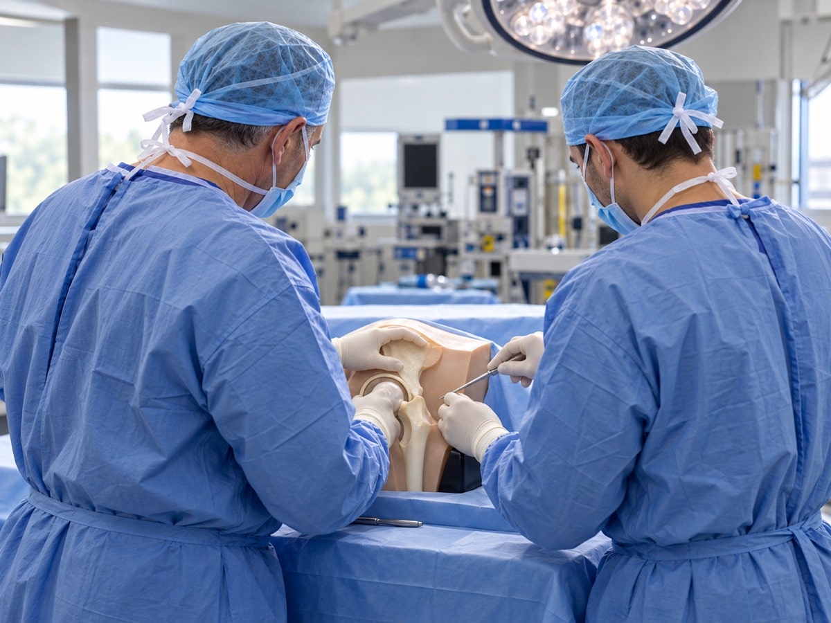Two male surgeons standing side by side, with faces turned away, working together on the same hip training model.
