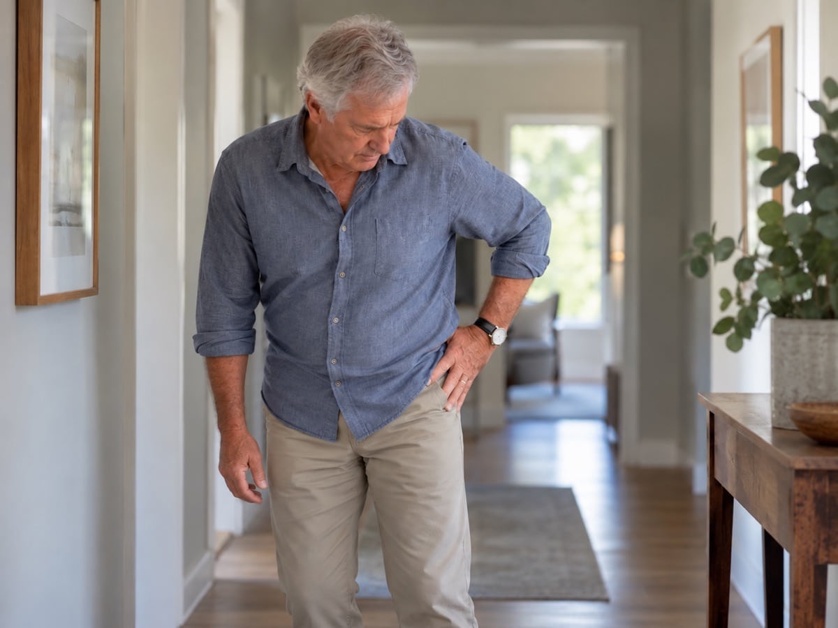 A man resting his left hand on his left hip, with his right arm relaxed by his side.