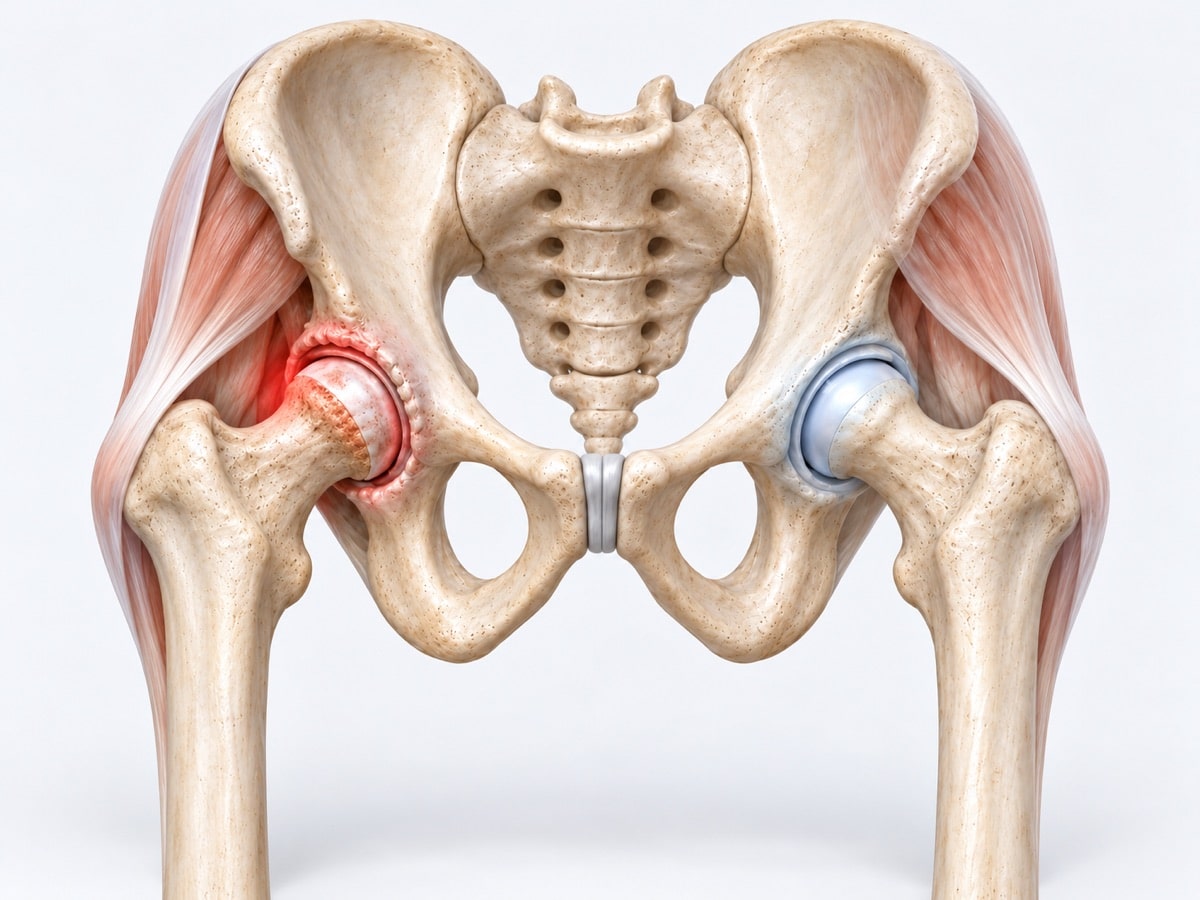 Front view of the pelvis and both hips, with arthritis highlighted red at the right ball-and-socket joint deep in the groin.