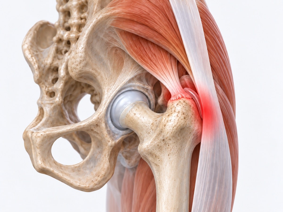 Side view of the hip showing the iliotibial band, bursa and gluteal tendon attachment highlighted red over the greater trochanter.