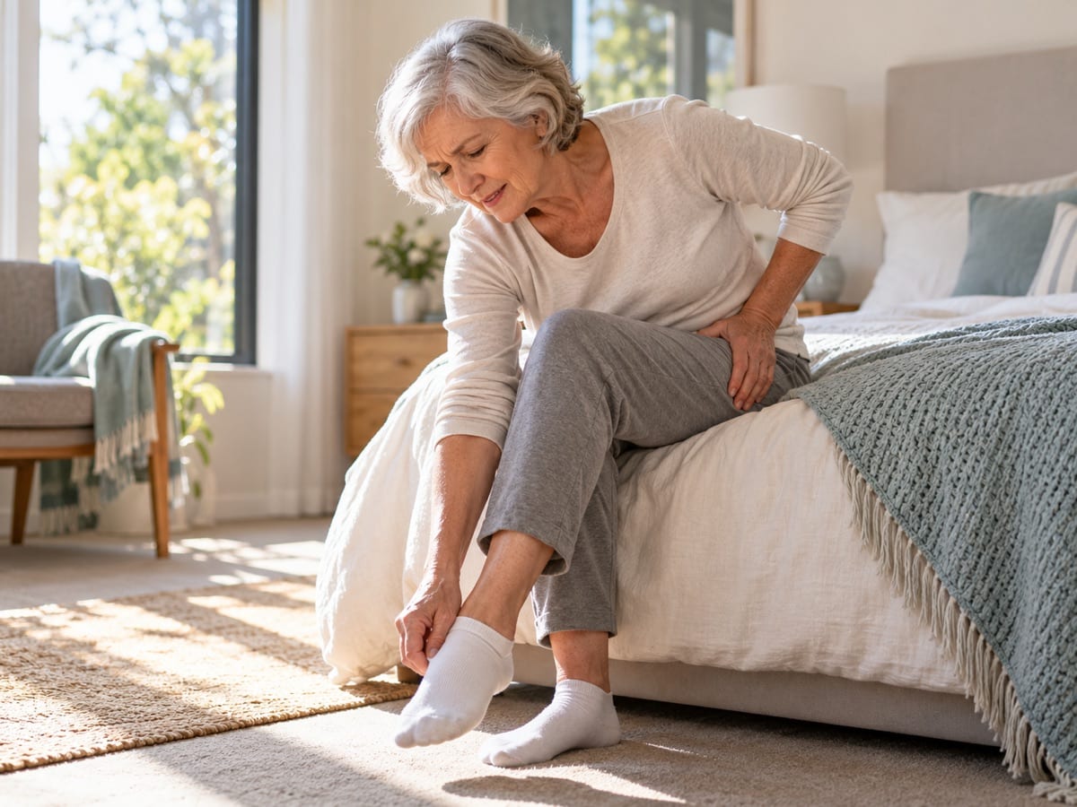 A woman sitting on her bed reaching for a sock, with a hand at the front of her hip.