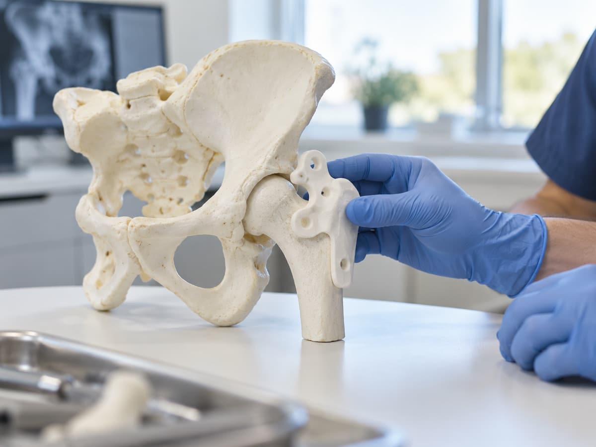 A gloved hand holding a patient-specific printed guide beside a white three-dimensional hip model.