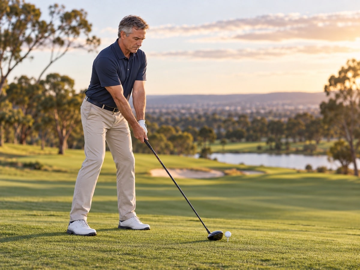 A man preparing to start a golf swing, concentrating on the ball on a sunlit golf course.
