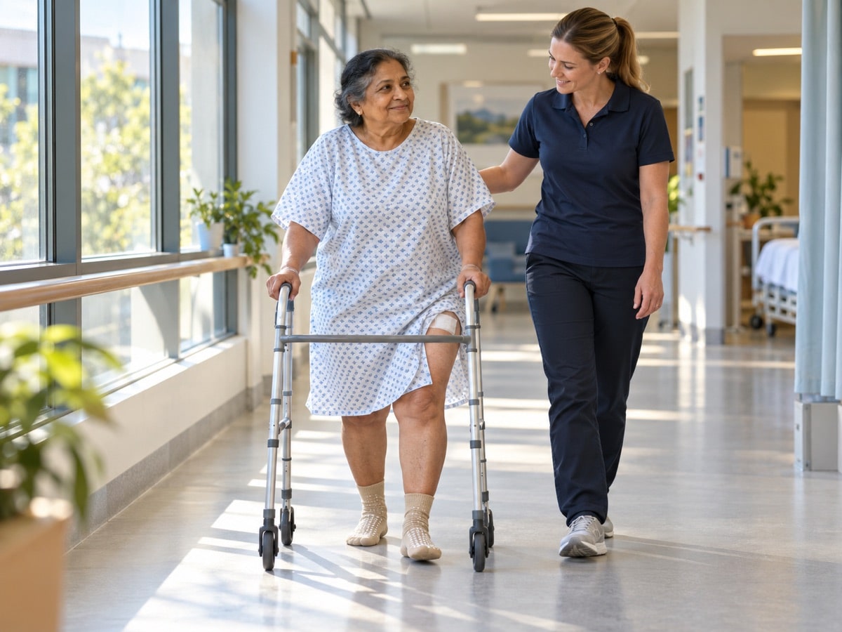 A woman walking with a wheeled frame and physiotherapist in a bright hospital corridor.