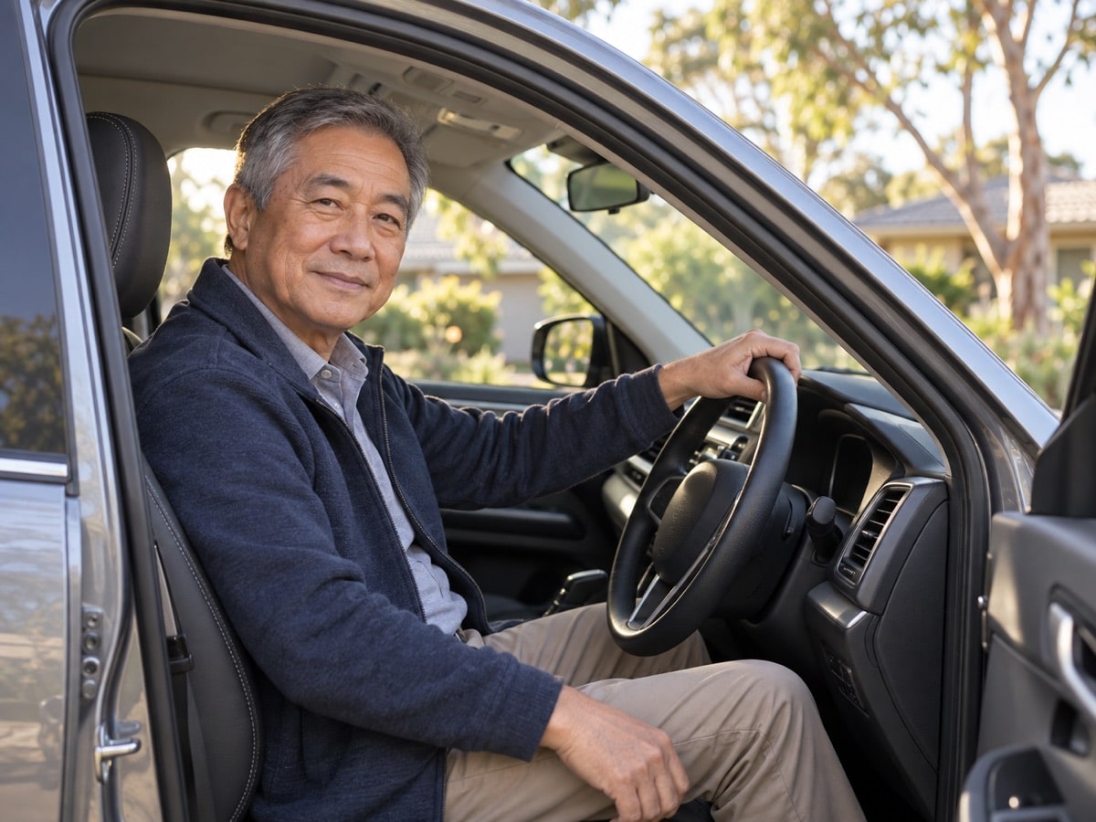 A man sitting in the driver’s seat of a parked car with the door open.