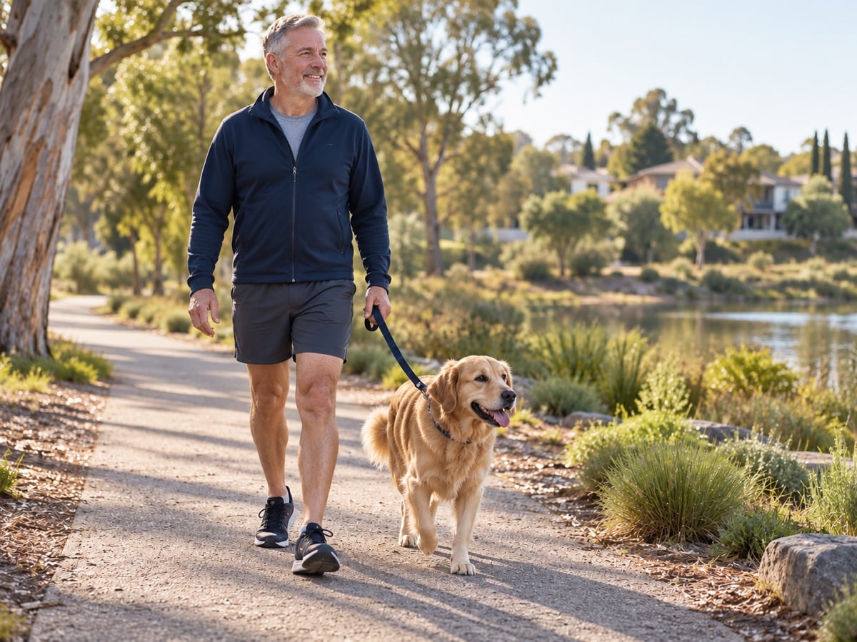 A man walking his dog along a parkland path without a walking aid.