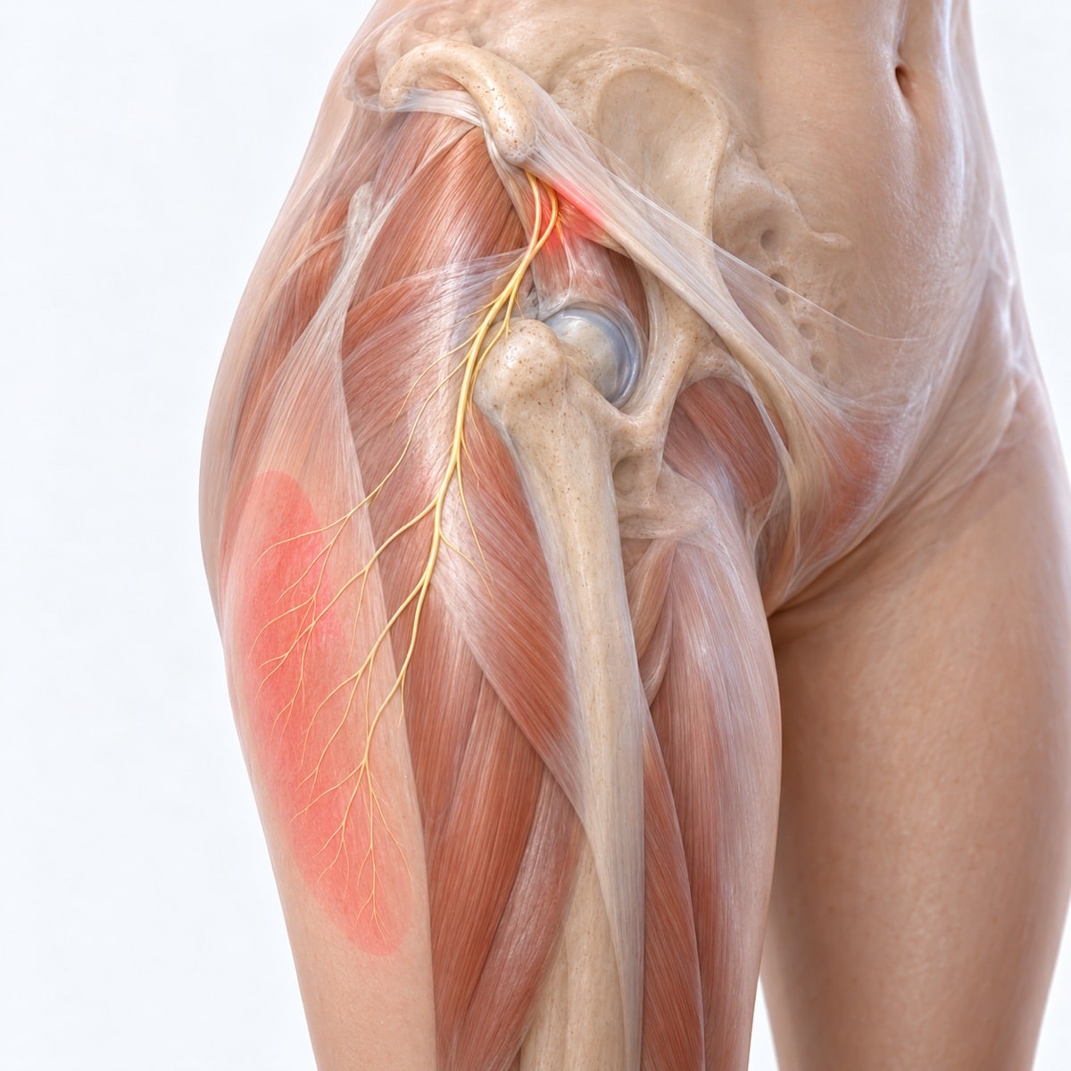 A skin nerve crossing the front of the hip, with a faint red patch over the outer thigh showing the area of numbness.