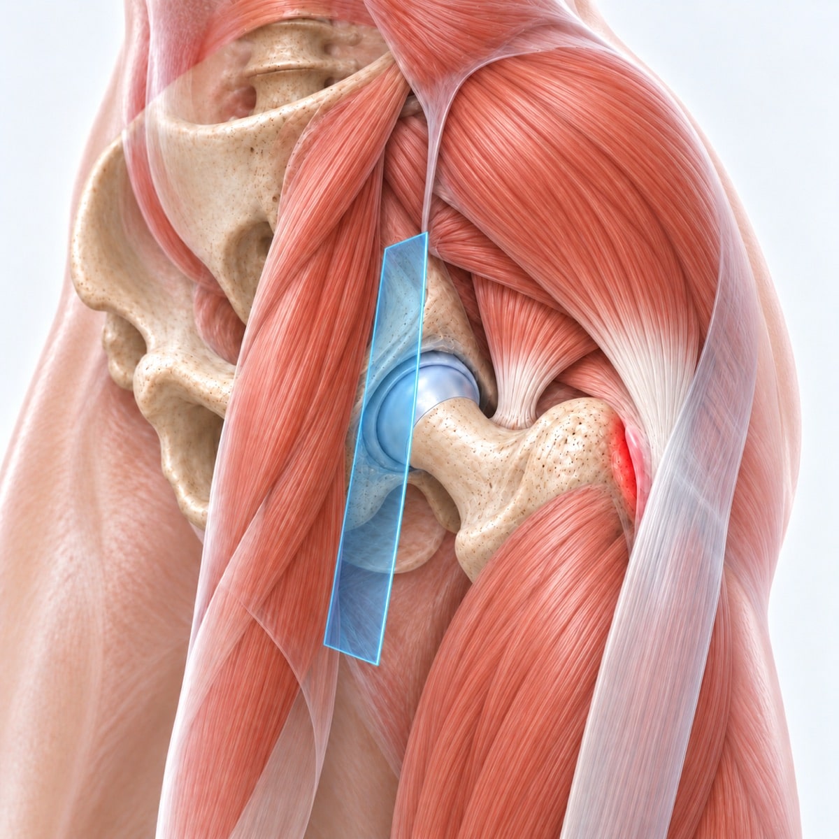 Hip anatomy with a blue anterior approach plane beside bulky thigh and gluteal muscles, and a separate red irritation area behind the greater trochanter beneath the iliotibial band.