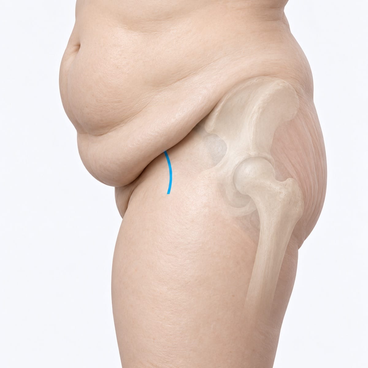 Side view of a heavier adult’s lower abdomen, with the planned anterior incision partly beneath a skin fold.