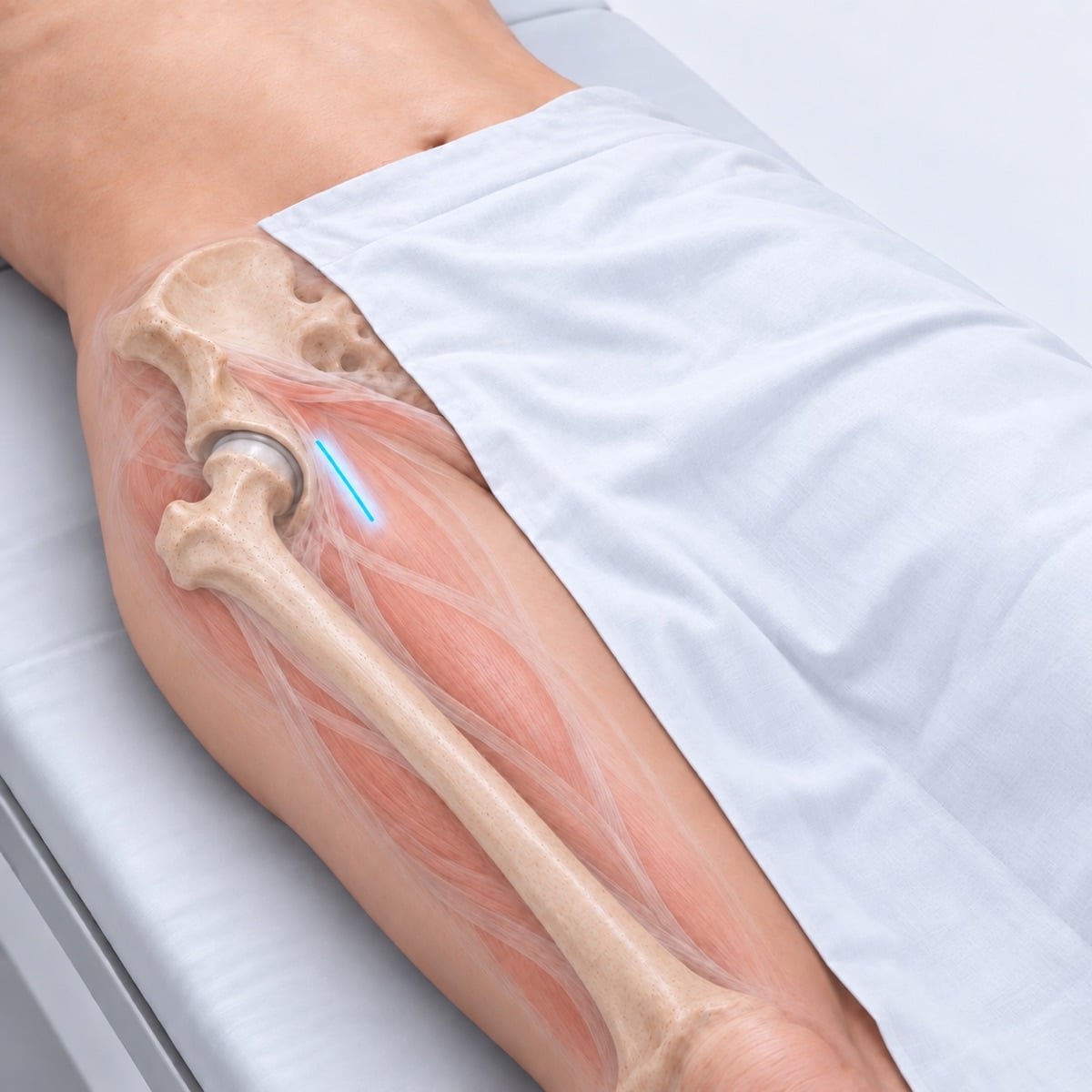 Patient lying on their back beneath a broad white clinical drape, with a transparent view of the hip and femur within the thigh and a cyan line marking the anterior incision site.