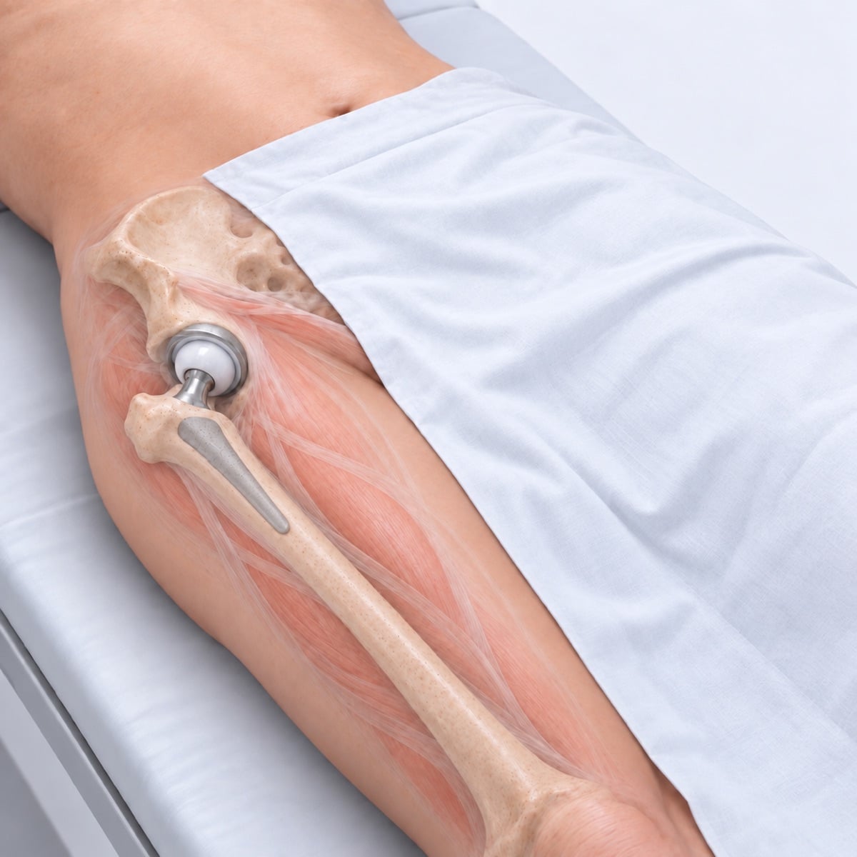 Patient lying on their back beneath a broad white clinical drape, with the hip replacement cup, ball and short femoral stem visible through the surrounding bone and muscles.