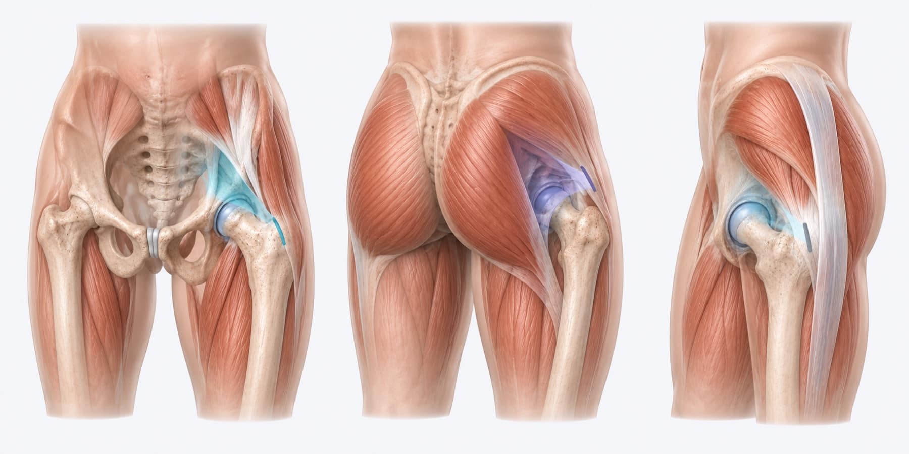 Three hip models viewed from the front, back and side, showing the anterior, posterior and lateral paths to the joint.
