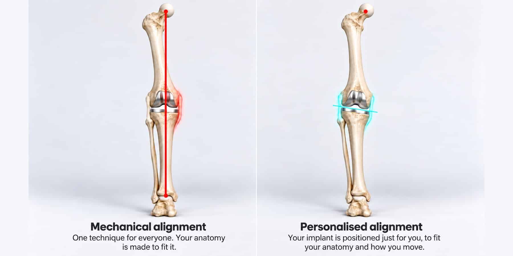 Mechanical alignment with red ligament tension beside personalised slight-varus alignment with cyan balanced ligaments.