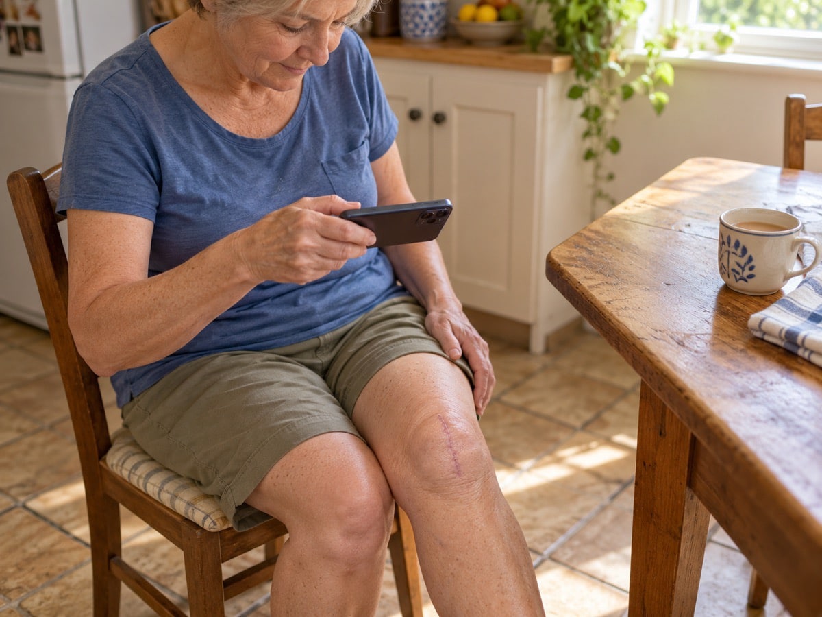 A woman at home photographs her short healed knee scar with her phone.