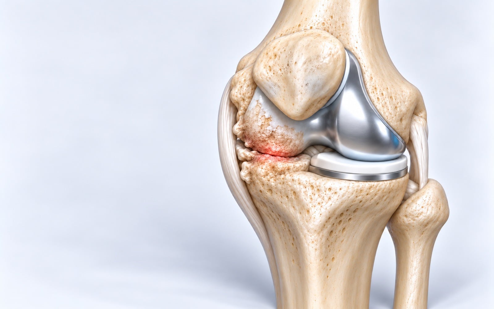 A knee with worn cartilage on one side and replacement surfaces on the other.
