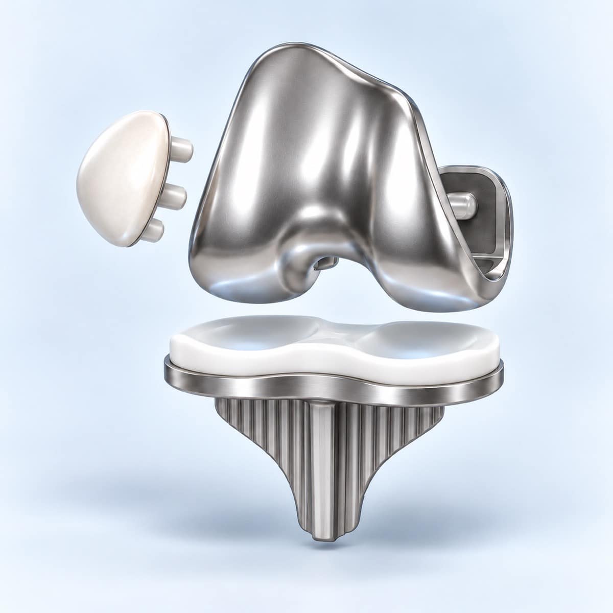 Metal thigh-bone cap, shin-bone tray with plastic bearing and a separate kneecap button.