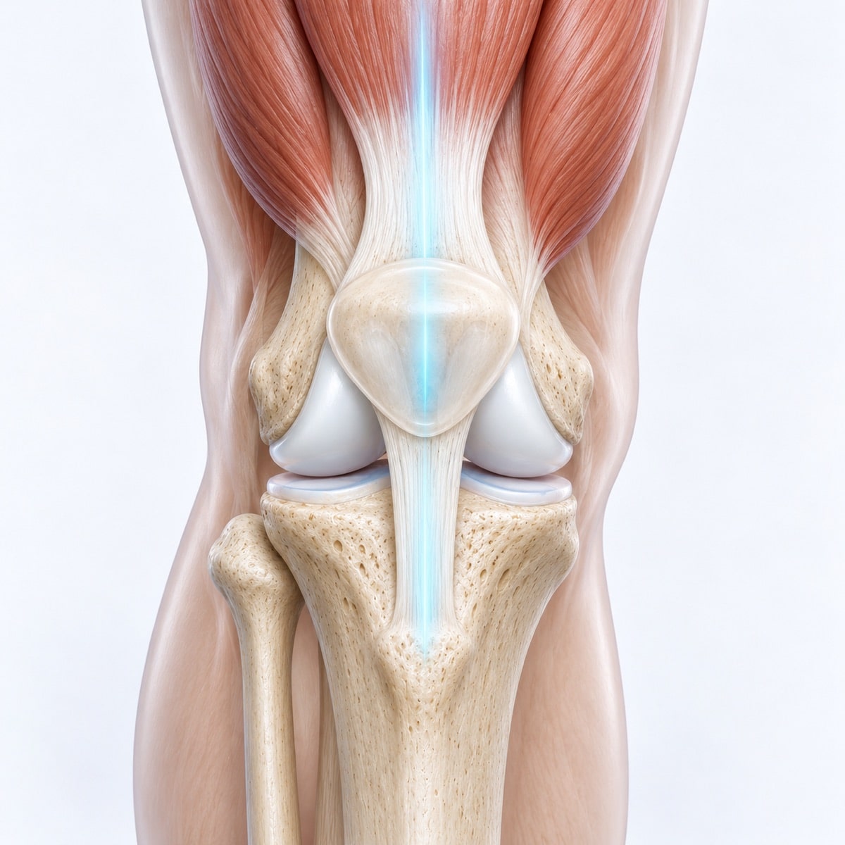 Thigh muscle, kneecap and patellar tendon with a cyan line showing the direction of pull.