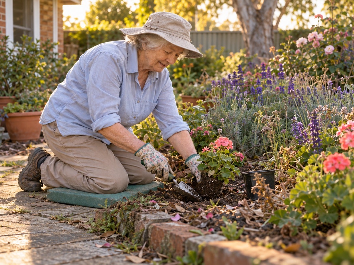 An older woman kneeling on a pad while planting flowers in a South Australian garden.