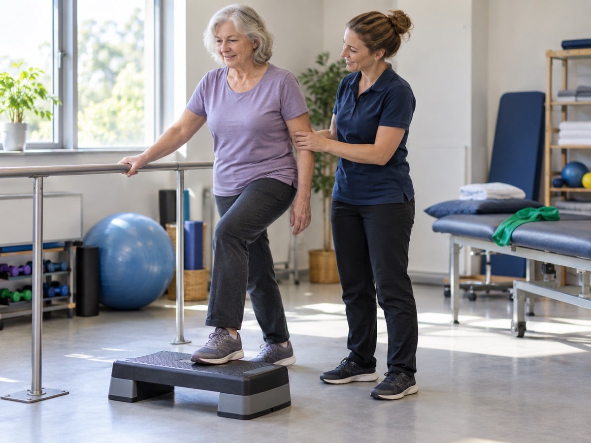 A woman practises a supported step-up with a physiotherapist.